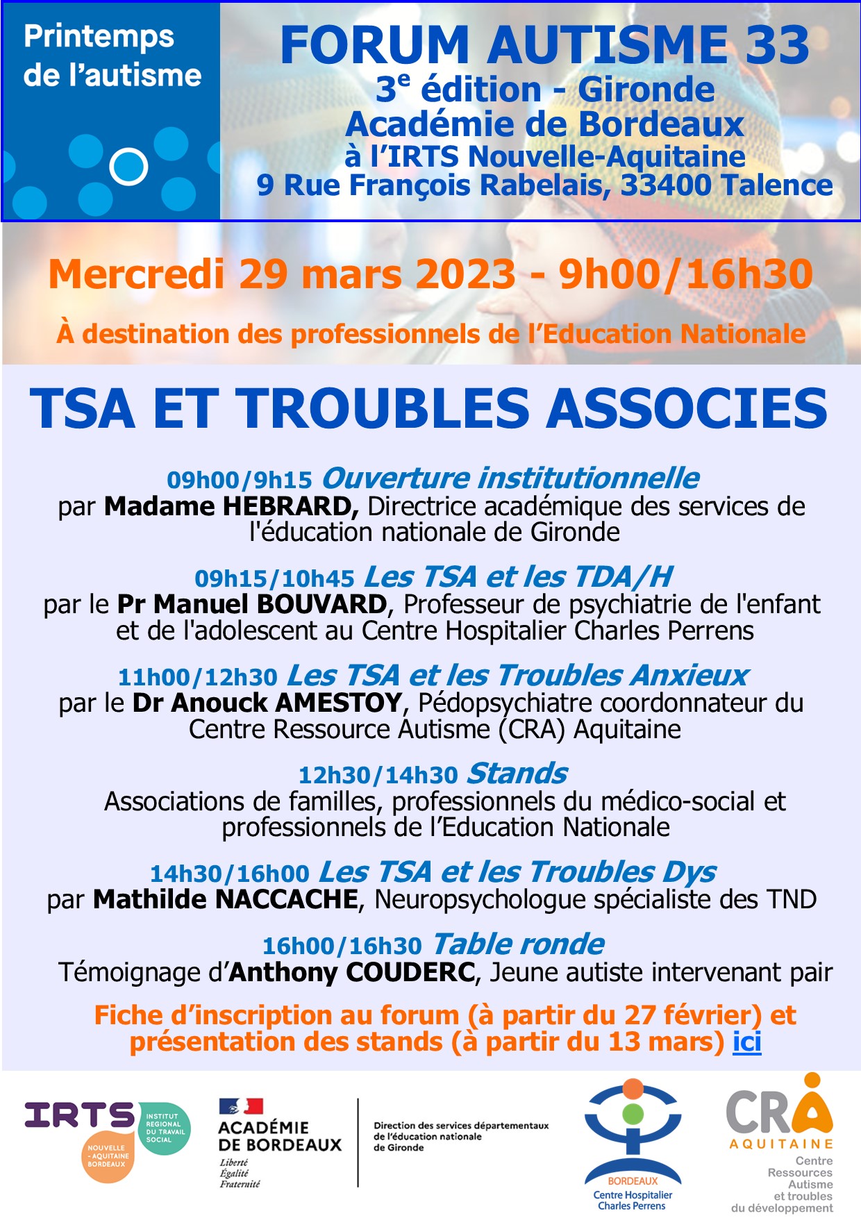 Affiche forum autisme édition 2023 inscription